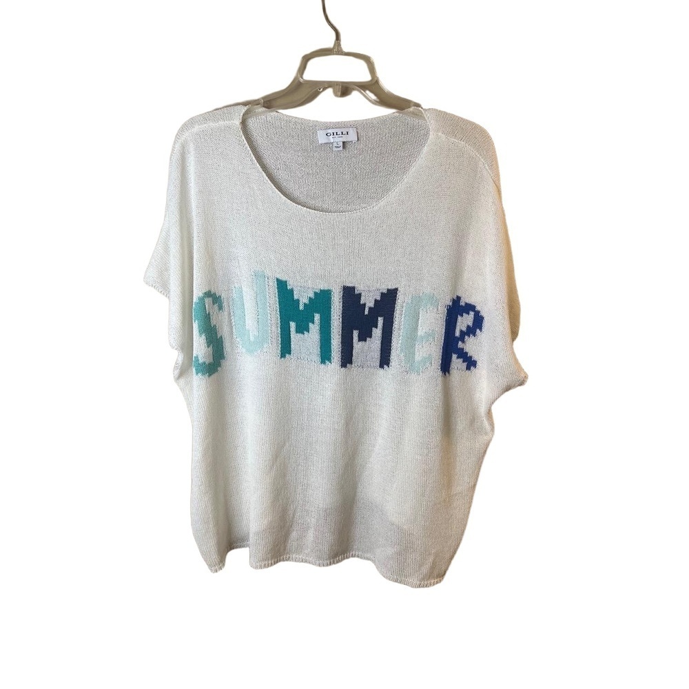 Gilli White Graphic Text Summer Short Sleeve Loose Fit Sweater Large